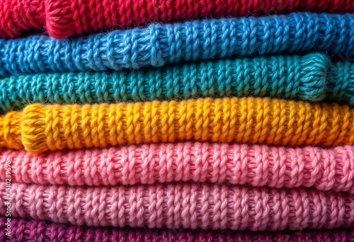 Stack of colorful folded sweaters, cozy winter knitwear warm clothing concept