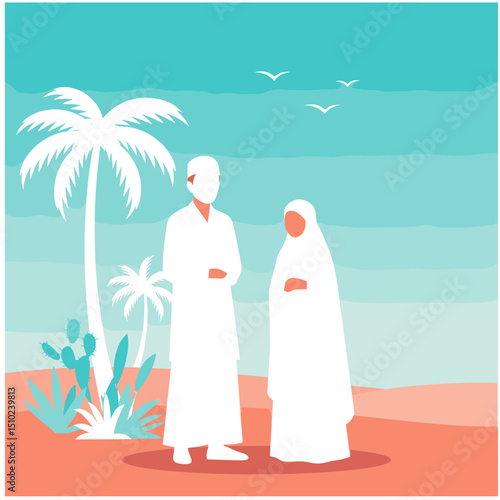 Two individuals, both dressed in white Ihram clothing, are walking together through a desert landscape, possibly during the Hajj pilgrimage in Saudi Arabia.