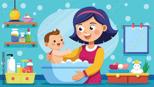 Happy Cartoon Mother Bathing Her Smiling Baby in a Blue Tub with Bubbles