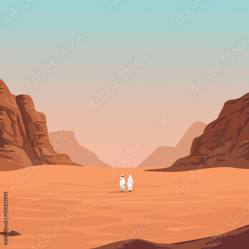 Two individuals, both dressed in white Ihram clothing, are walking together through a desert landscape, possibly during the Hajj pilgrimage in Saudi Arabia.