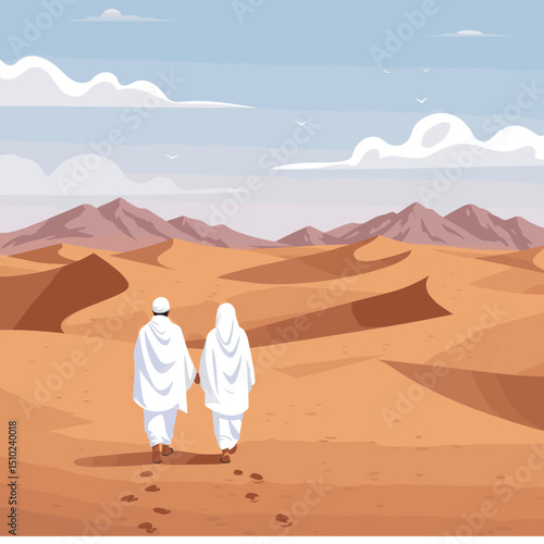 Two individuals, both dressed in white Ihram clothing, are walking together through a desert landscape, possibly during the Hajj pilgrimage in Saudi Arabia.