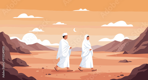 Two individuals, both dressed in white Ihram clothing, are walking together through a desert landscape, possibly during the Hajj pilgrimage in Saudi Arabia.