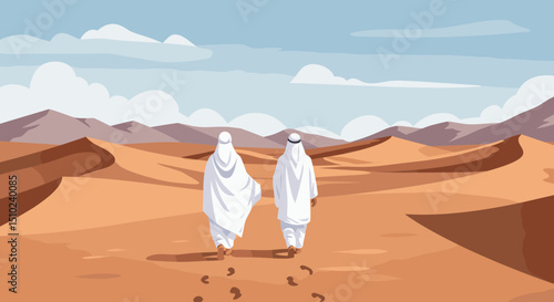 Two individuals, both dressed in white Ihram clothing, are walking together through a desert landscape, possibly during the Hajj pilgrimage in Saudi Arabia.