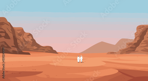 Two individuals, both dressed in white Ihram clothing, are walking together through a desert landscape, possibly during the Hajj pilgrimage in Saudi Arabia.