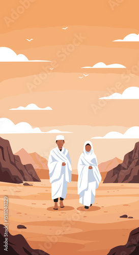 Two individuals, both dressed in white Ihram clothing, are walking together through a desert landscape, possibly during the Hajj pilgrimage in Saudi Arabia.
