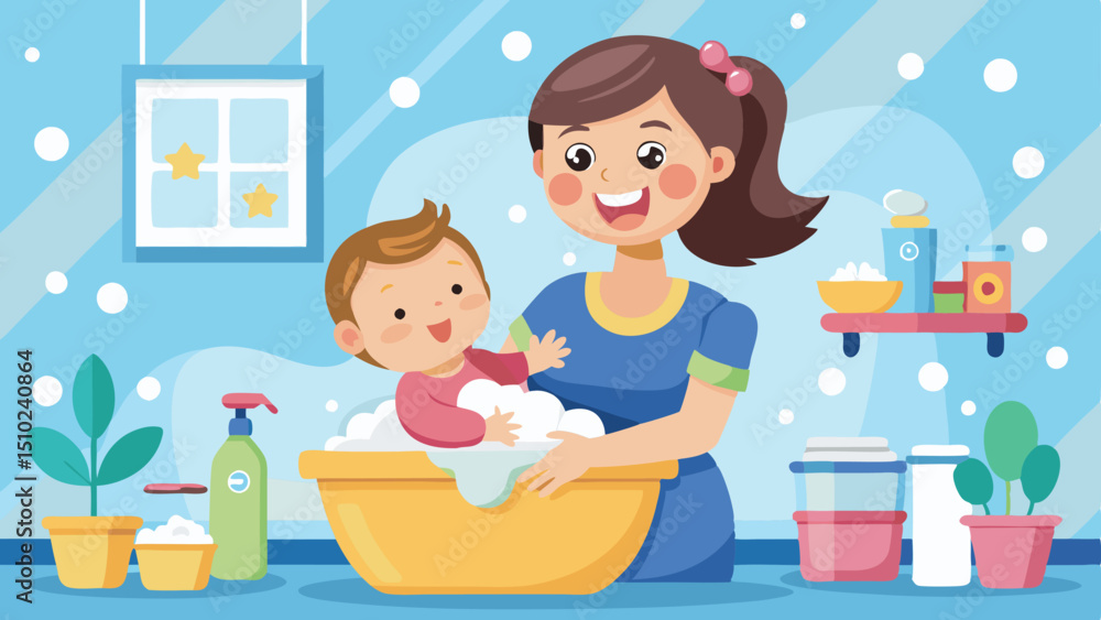 Cartoon Mother Bathing Baby in Yellow Tub Filled With Bubbles at Home Cartoon Mother Bathing Baby in Yellow Tub Filled With Bubbles at Home