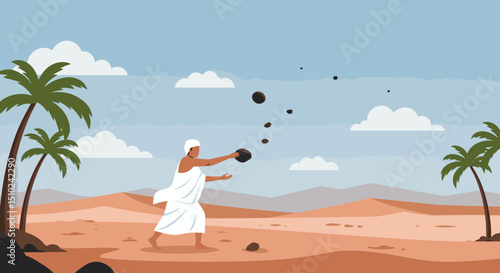  A person is performing the symbolic act of casting stones at the Jamarat, a key part of the Hajj pilgrimage, representing rejection of evil.