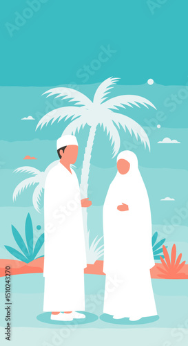 Two individuals, both dressed in white Ihram clothing, are walking together through a desert landscape, possibly during the Hajj pilgrimage in Saudi Arabia.