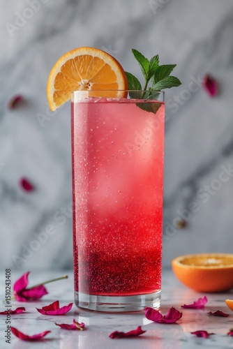 Refreshing Pink Cocktail with Orange Slice and Mint Garnishing