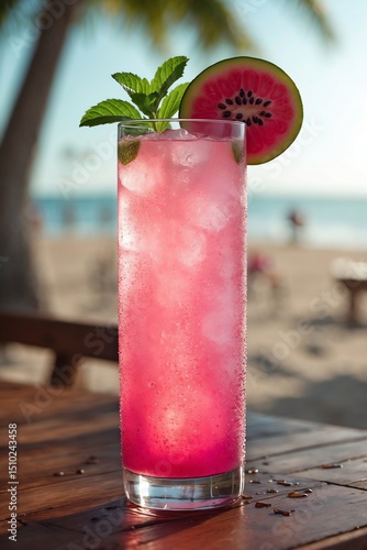 Refreshing Pink Cocktail with Watermelon Slice on Beach Vacation