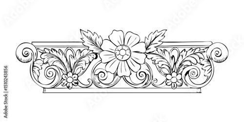 Corinthian capital inspired floral decorative design with scrollwork  