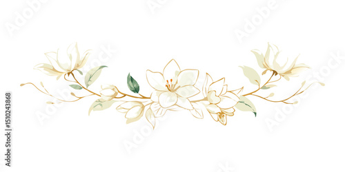 Floral design with magnolia flowers and delicate leaves on white background  