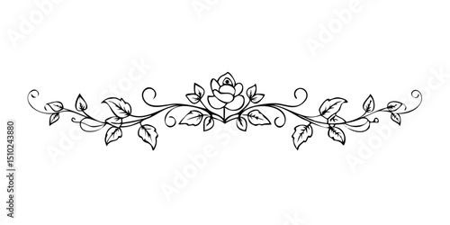 Elegant outline floral divider with stylized rose and leaves  