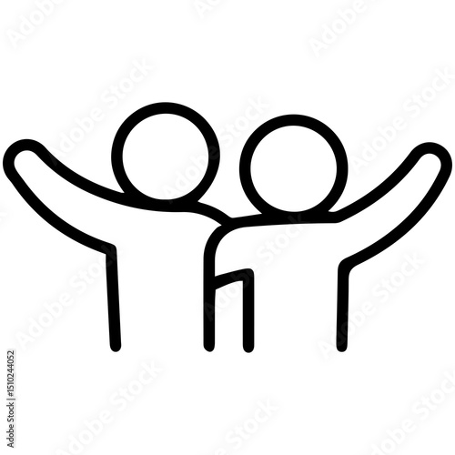 An (outline style) illustration of two stylized human figures standing closely side-by-side with arms linked symbolizing friendship, companionship, welcome, and openness. Conveys a sense of connection