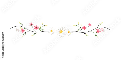 Floral divider illustration in Japanese ink style with flowers  