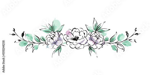 Floral digital sketch style divider featuring peonies and greenery  