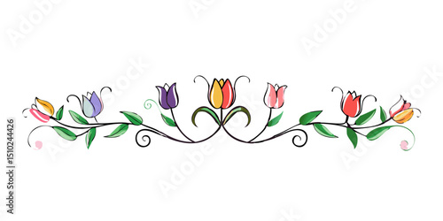 Decorative floral border design with colorful tulips and leaves  