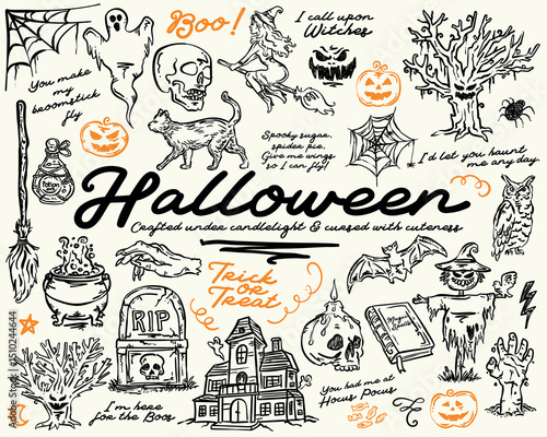 Whimsical Halloween hand drawn illustration vector set