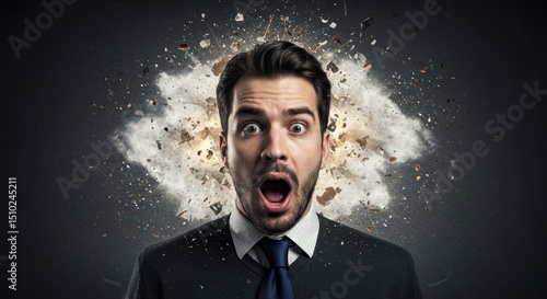 Mind Explosion: A Surreal Portrait of Overwhelmed Businessman Experiencing a Mental Breakdown