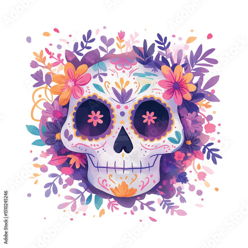 Colorful skull surrounded by vibrant flowers in a festive display celebrating the Day of the Dead