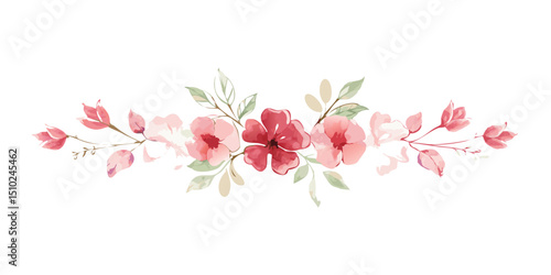 Watercolor floral divider with pink flowers and green leaves  