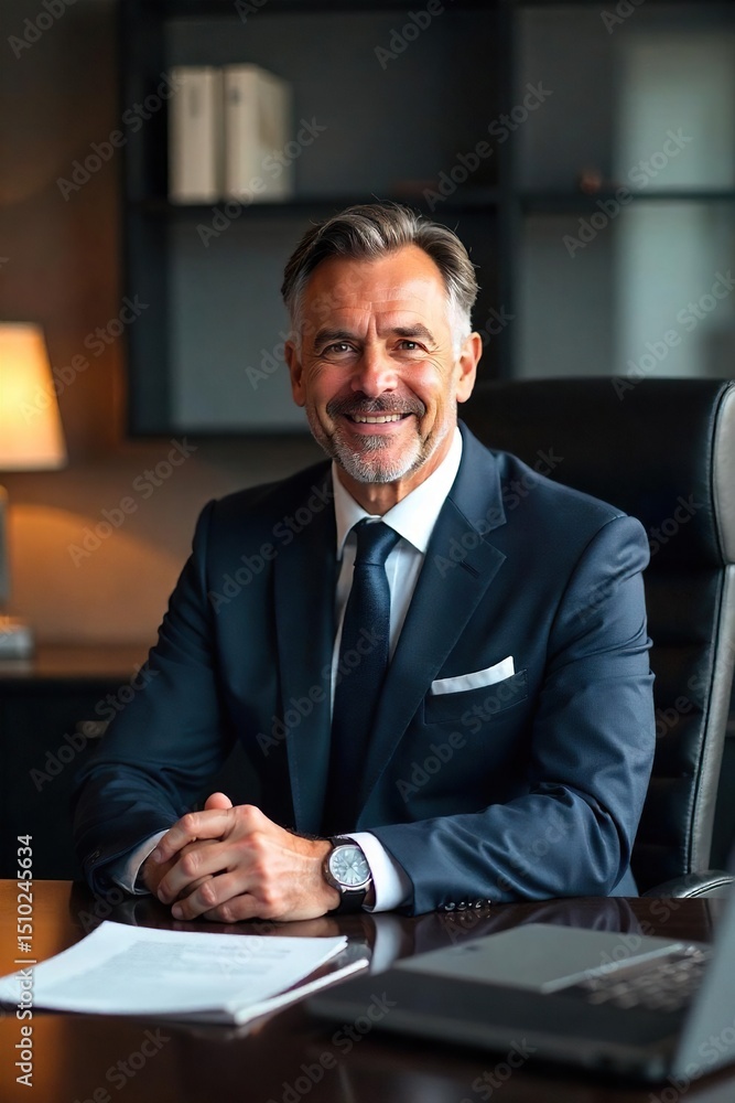 Fototapeta premium A powerful, impeccably dressed figure sits at a modern desk, radiating confidence and success The office is minimalist and sleek, reflecting their refined taste , control, leader