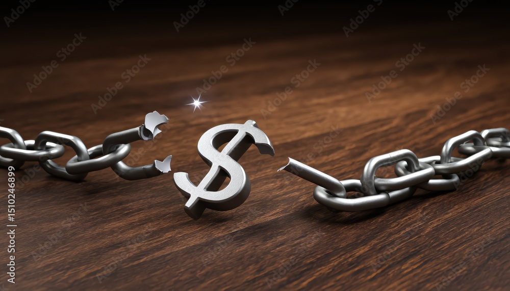 Obraz premium Broken Chain with Dollar Symbol Reflecting Financial Freedom Concept on Wooden Surface