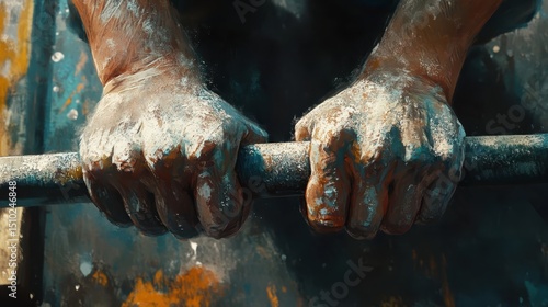 A close-up of chalk-covered hands gripping a barbell.