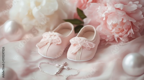 Baby baptism concept, baby girl baptism clothes, dress all in pink tones