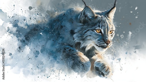 Lynx in artistic watercolor style, wild animal, predator, with yellow eyes and blue-gray fur, dynamic splashed background.
