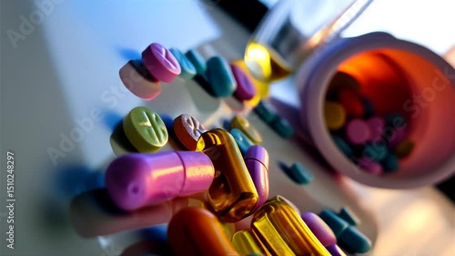 Scattered Colorful Pills and Capsules Near Medicine Cup