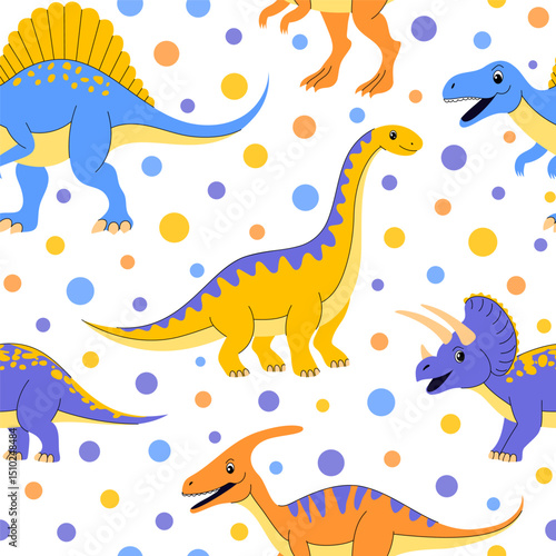 Seamless pattern with  dinosaurs and colorful dots
