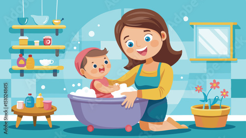 Mother Giving Baby a Bath in a Tub Full of Bubbles Illustration