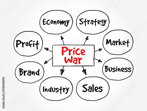 Price War - commercial competition characterized by the repeated cutting of prices below those of competitors, mind map text concept background