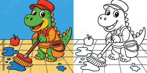 Dinosaur Janitor Coloring Page Cute Cartoon Dino Mopping Floor for Fun and Educational Activities