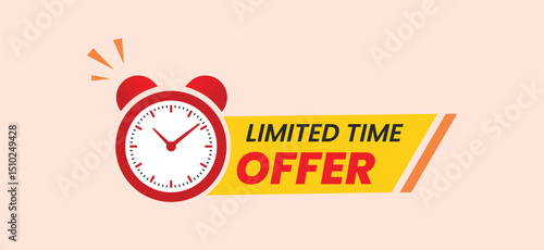 Red limited offer hurry up with clock for promotion, banner, price. Label countdown of time for offer sale or exclusive deal.Alarm clock