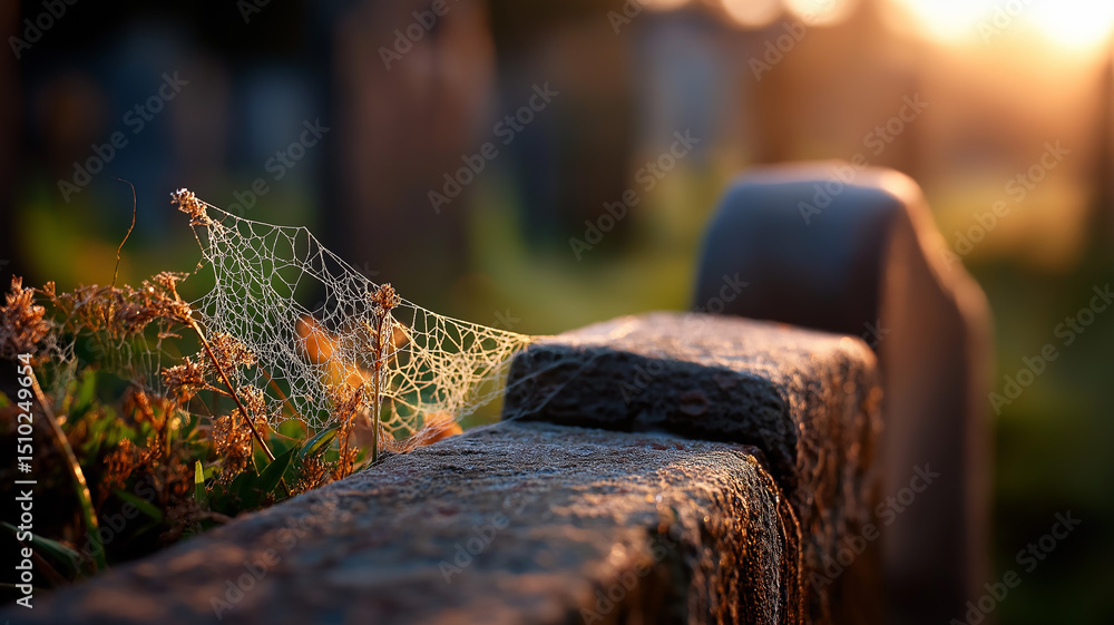 Fototapeta premium Misty graveyard sunrise with morning dew on cobwebs between tombstones, delicate and fragile theme, close-up macro photo