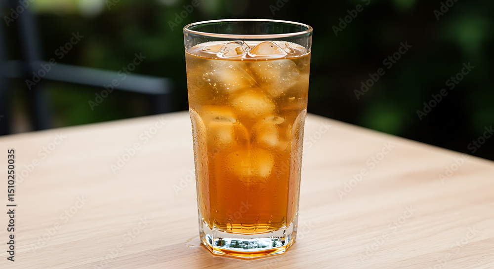 Refreshing Iced Tea in Tall Glass on Wooden Table, Outdoor Setting Refreshing Iced Tea in Tall Glass on Wooden Table, Outdoor Setting