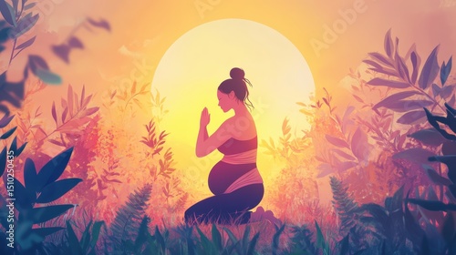 A vibrant scene of prenatal yoga, showing a pregnant woman doing gentle stretches.