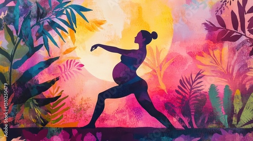 A vibrant scene of prenatal yoga, showing a pregnant woman doing gentle stretches.
