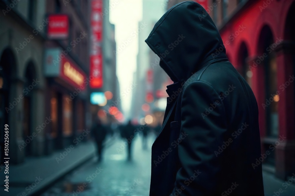 A shadowy figure in a dark suit, subtly observing from a distance, blending into the urban background The scene evokes mystery, vigilance, and unseen protection , enigma, defense A shadowy figure in a dark suit, subtly observing from a distance, blending into the urban background The scene evokes mystery, vigilance, and unseen protection , enigma, defense