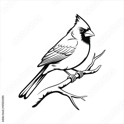 Detailed black and white illustration of a cardinal bird perched on a branch