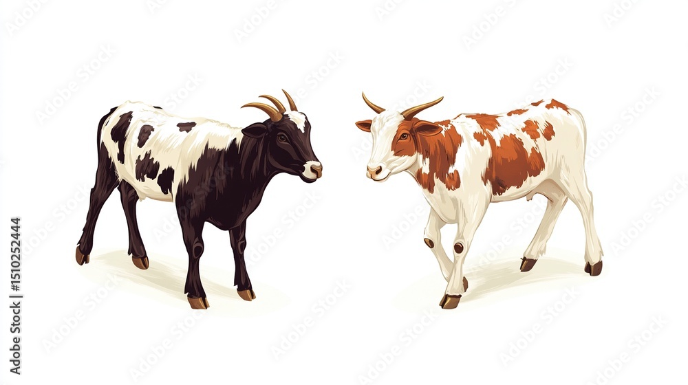 Two stylized cows, one black and white, one red and white, facing outward, in a cartoonish style Two stylized cows, one black and white, one red and white, facing outward, in a cartoonish style