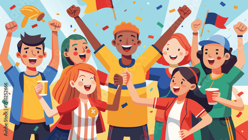 Cheering Crowd of Diverse Fans Celebrating with Flags and Confetti at an Event