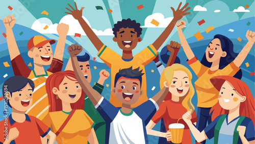 Cheerful Crowd Celebrating with Raised Arms and Confetti Against an Abstract Background