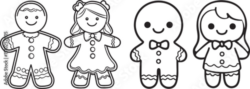 Printable Gingerbread Man and Woman Coloring Pages for Kids. Cute Holiday Cookie Characters Black and White Line Art for Christmas Crafts and Activities