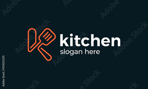 Kitchen logo design. Initial letter K with line style concept vector design with cooking ware symbol graphic icon