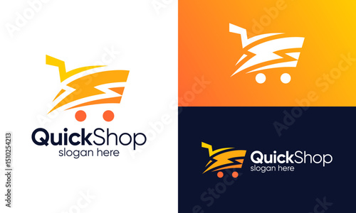 Quick shop logo design. Abstract shopping cart concept vector design with lightning bolt symbol graphic icon