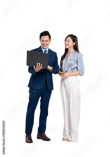 Full body image of woman asian business and manager man using laptop and posing on PNG background	
