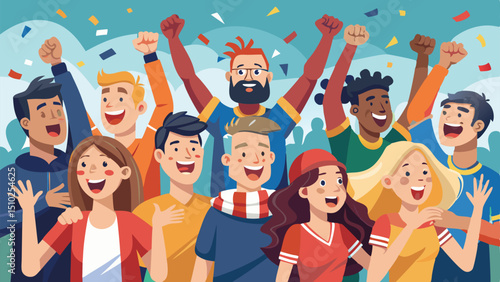 Diverse Group of Cheering People Raising Fists in Celebration Under Confetti Illustration